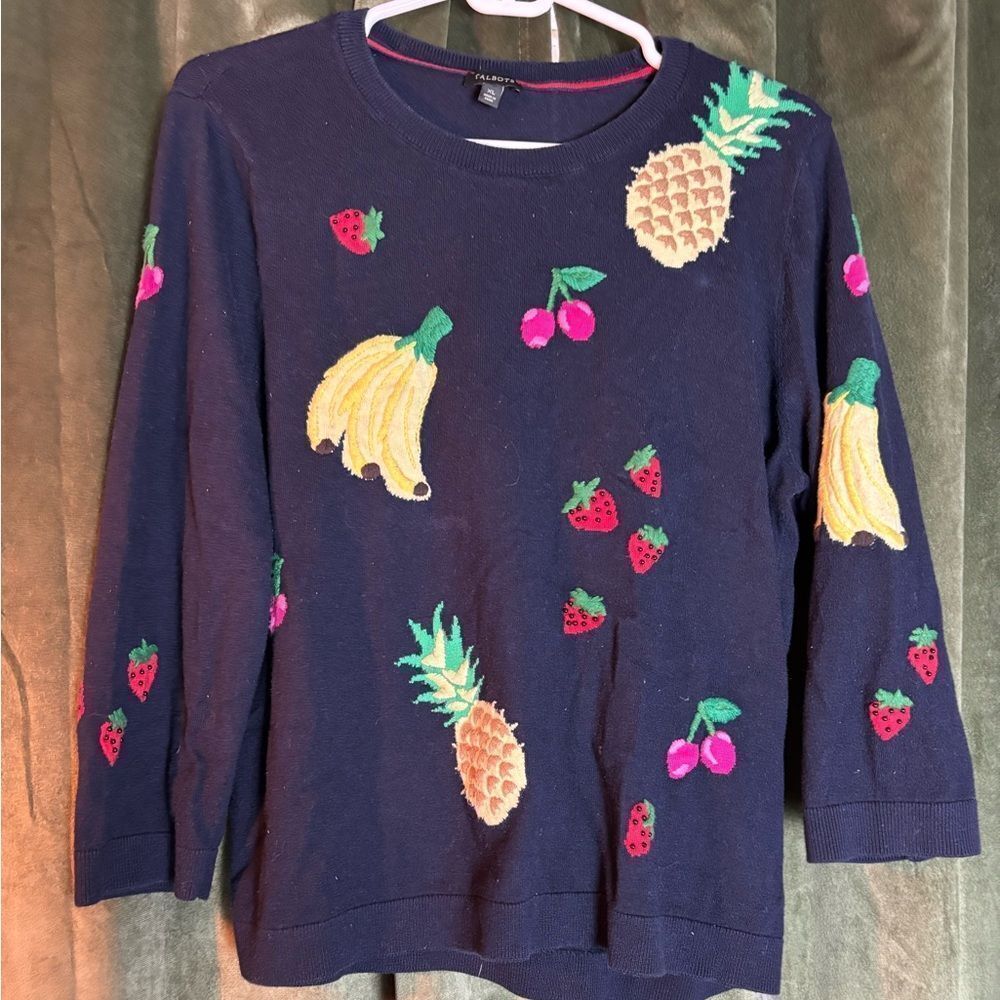 Talbots navy blue 3/4 sleeve crewneck sweater fruit print